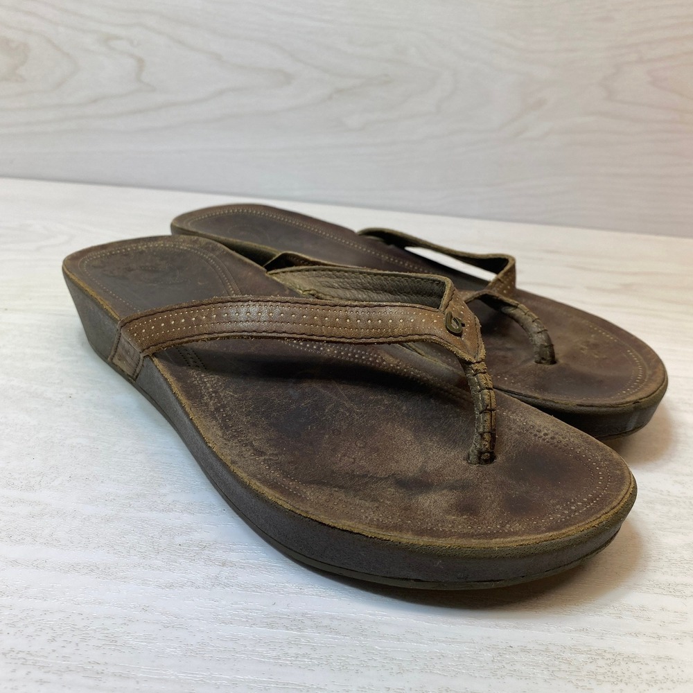 Olukai Womens 8 Ola Wedge Sandals Thong Flip Flop Brown Leather Laser Etched